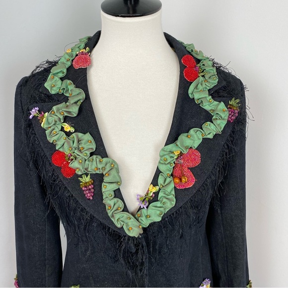 42. Mary Frances Beaded Ribbon Fringe Black Denim Jacket - Picture 11 of 15